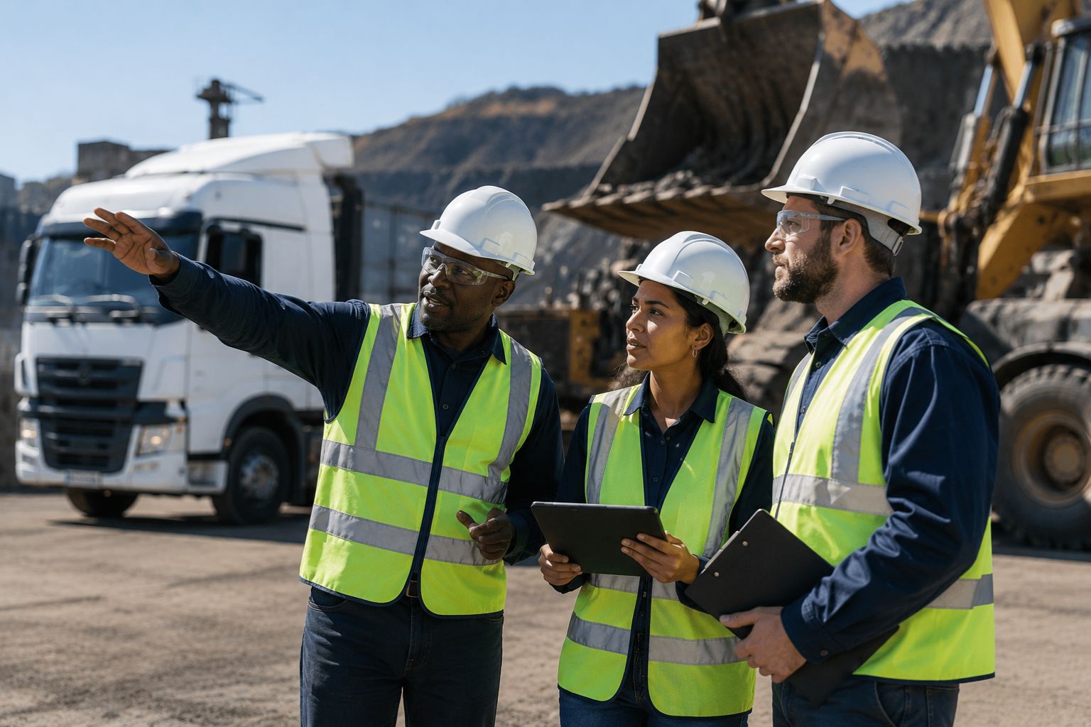 Logistics and operations professionals conducting a site inspection at an industrial transport and mining facility, reviewing fleet operations and safety procedures alongside heavy equipment and cargo transport vehicles.