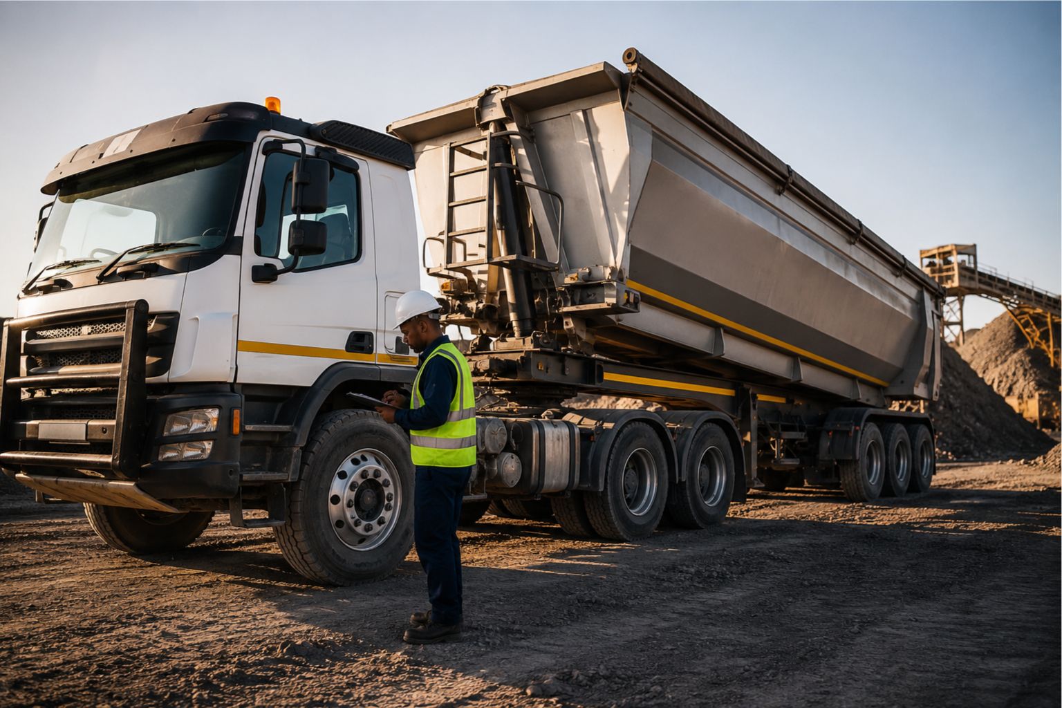Mine-ready side tipper truck undergoing a safety inspection at an industrial mining operation, highlighting fleet readiness, operational reliability, and heavy-duty logistics support.