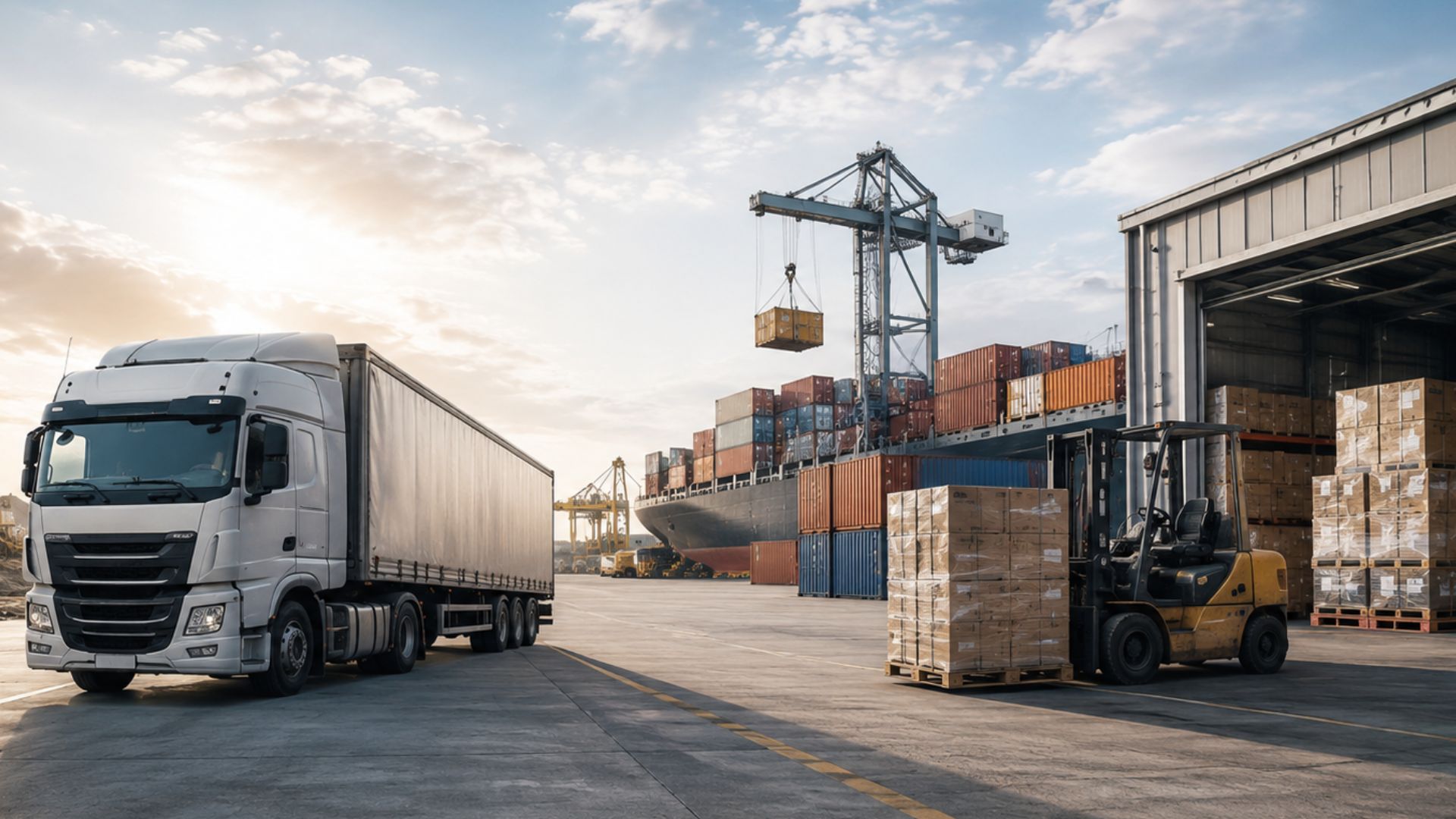 Integrated logistics and supply chain operations featuring freight transportation, container handling, warehousing, cargo distribution, and heavy-duty industrial logistics support within a modern transport hub.