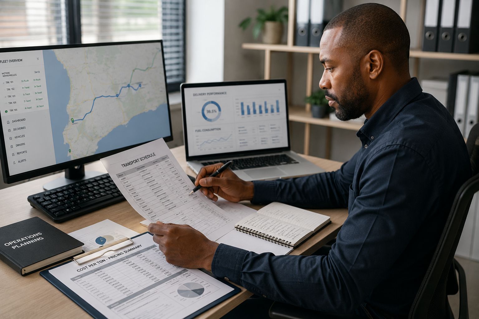Logistics coordinator reviewing transport schedules, route planning, and operational data through fleet management systems, supporting transparent pricing and efficient logistics operations.